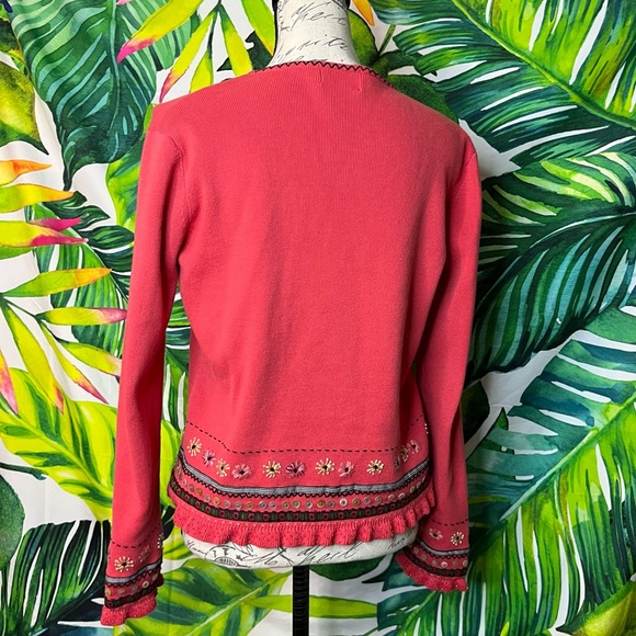 Icelandic Design M Coral Pink Red Floral Embroidered Sequin Full Zip Cardigan - Picture 5 of 13